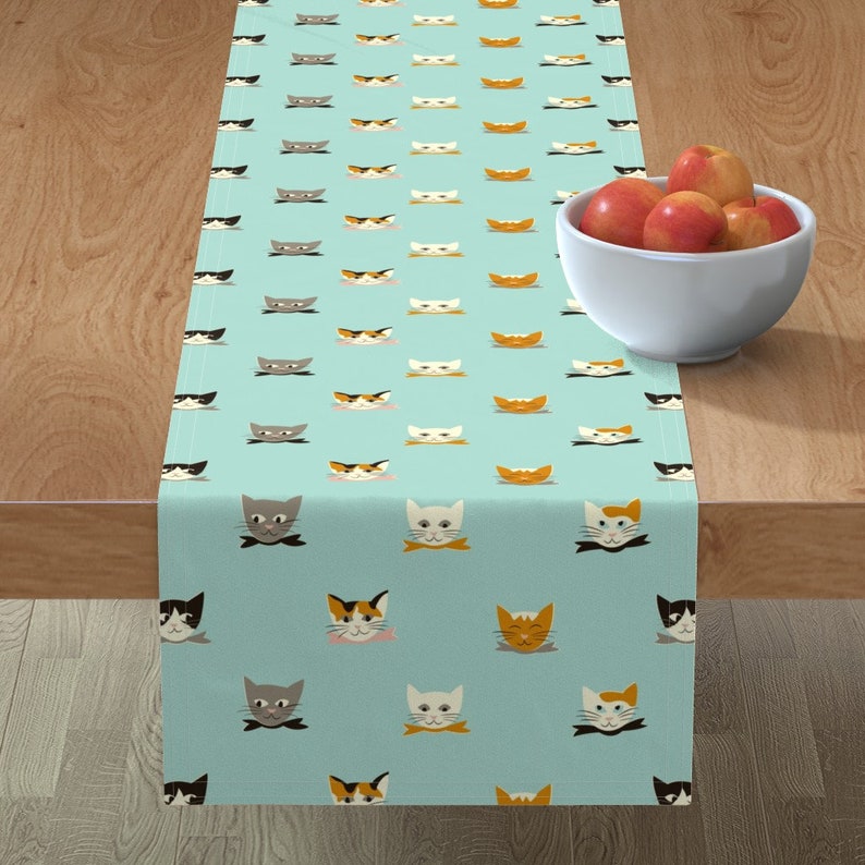 Retro Look Mid Century Cat Faces Cotton Sateen Table Runner by Spoonflower Vintage Kitties by mintgreensewingmachine Cats Table Runner