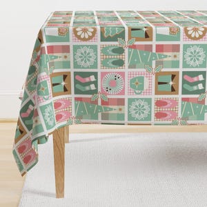 Christmas Patchwork Tablecloth - Cozy Winter Holiday by wolflingblue - Winter Holiday Pink Green Cotton Sateen Tablecloth by Spoonflower
