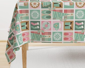 Christmas Patchwork Tablecloth - Cozy Winter Holiday by wolflingblue - Winter Holiday Pink Green Cotton Sateen Tablecloth by Spoonflower