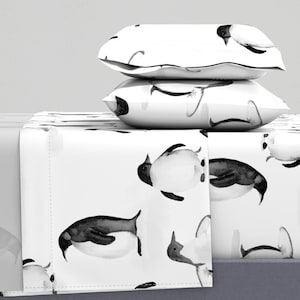 Painterly Penguins Sheets - Penguins  by dailymiracles - Black And White Emperor Penguins Cotton Sateen Sheet Set Bedding by Spoonflower