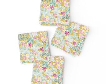 Cottage Strawberries Cocktail Napkins (Set of 4) - Sun Kissed Strawberries by jenni_got - Pink Green Yellow Cloth Napkins by Spoonflower