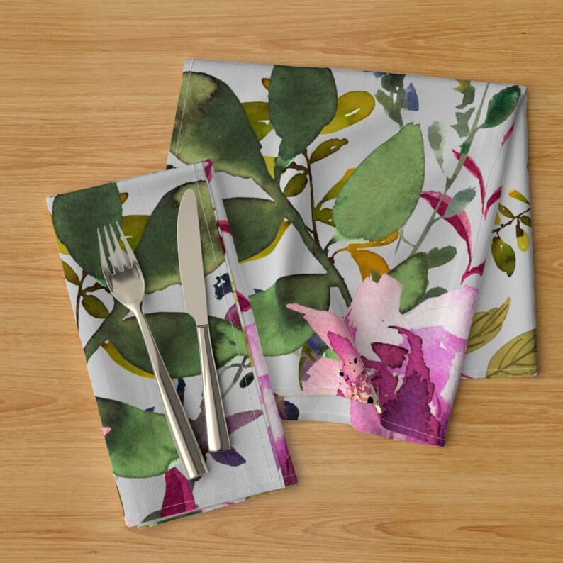 Watercolor Boho Girl Cloth Napkins by Spoonflower Floral Dinner Napkins - 21 Dark Pink Purple Florals Light Grey by shopcabin Set of 2