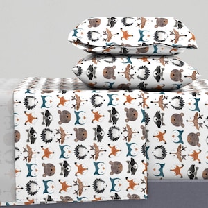 Forest Animal Sheets - Woodland Creatures by bluebirdcoop - Woodland Fox Deer Bear Cotton Sateen Sheet Set Bedding by Spoonflower