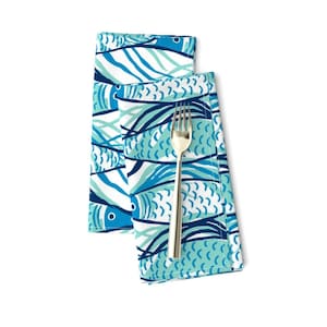 Nautical Dinner Napkins (Set of 2) - One Fish Aqua by elizabeth_hale_design - Beach House Coastal Beach Summer Cloth Napkins by Spoonflower