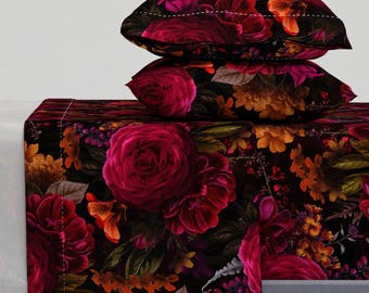 Moody Floral Sheets - Antique Painted Roses by utart - Gothic Flower Maximalist Bouquet Cotton Sateen Sheet Set Bedding by Spoonflower