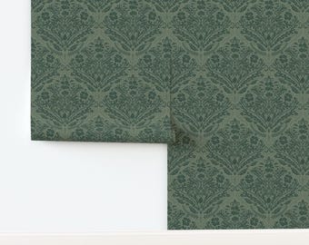 Moderne viktorianische, nicht vorgekleisterte Damasttapete in Dunkelgrün mit großflächigem Vintage-Blumenmuster – Jägergrüner Damast von nendo, erhältlich bei Spoonflower