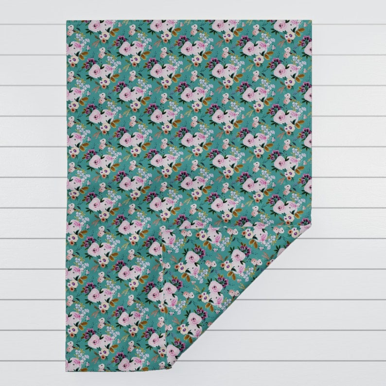 Pink Floral Throw Blanket Watercolor Throw Blanket with Spoonflower Fabric Victoria Floral Teal by crystal/_walen
