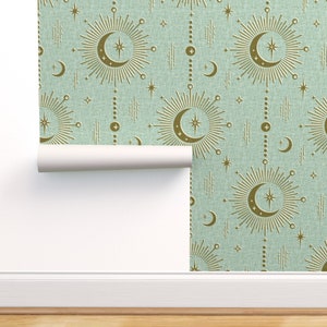 Sun And Moon Commercial Grade Wallpaper - Celestial Talismans by studioxtine - Stars Retro Sun Fifties Wallpaper Double Roll by Spoonflower