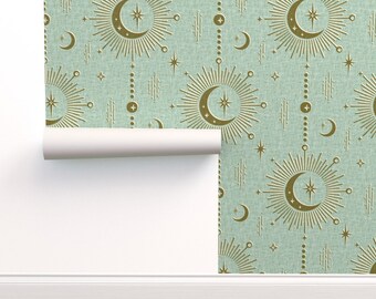 Fondo de pantalla de grado comercial del sol y la luna - Talismanes celestiales de studioxtine - Estrellas Retro Sun Fifties Wallpaper Double Roll de Spoonflower