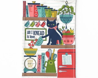 Retro Tea Towel - Knowledgeable Kitchen Kitten by nanshizzle - Pink Red Cat Kitchen Funny Chef Linen Cotton Canvas Tea Towel by Spoonflower