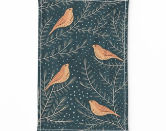 Torchon Birds - Grive musicienne d'hiver par melarmstrong - Torchon d'hiver Winter Birds en toile de lin et coton par Spoonflower
