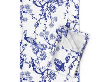 Chinoiserie Peacocks Tea Towels Set of 2 - Flowers Birds Peacock Home Decor Linen Cotton - - Chinoiserie - "peacock" by pattern_garden