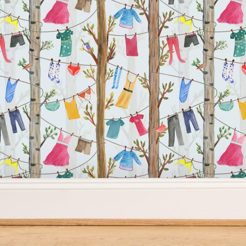 Whimsical Non-pasted Wallpaper Laundry Clothes Trees Home ...