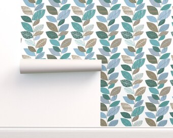 Mod Leaves commerciële kwaliteit behang - Leaf Vine door cressida_carr - Botanical Stripe Retro Midcentury Wallpaper Double Roll door Spoonflower