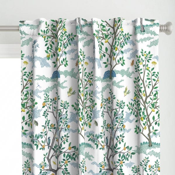 Orchard Toile Curtain Panel - Bird Green Blue Citrus Trees Large Scale Oranges Custom Curtain Panel - Citrus Grove Toile by danika_herrick -