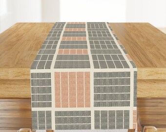 Geometric Table Runner - Block Print Bold Lines Squares Blocks Large Scale Minimalism Cotton Sateen Table Runner - Square Pegs by delfuneum
