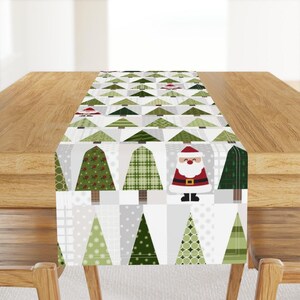 Whimsical Christmas Table Runner - Santa Christmas Trees Winter Snow Patchwork Cotton Sateen Table Runner - Christmas Tree Patchwork by twix