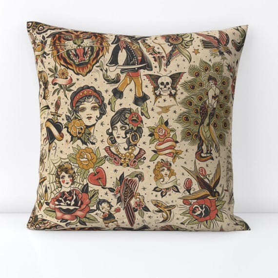 Retro Tattoos Throw Pillow - Vintage Style Art  Traditional Neutral Decorative Square Throw Pillow - Traditional Tattoo  by dacha_dreamland