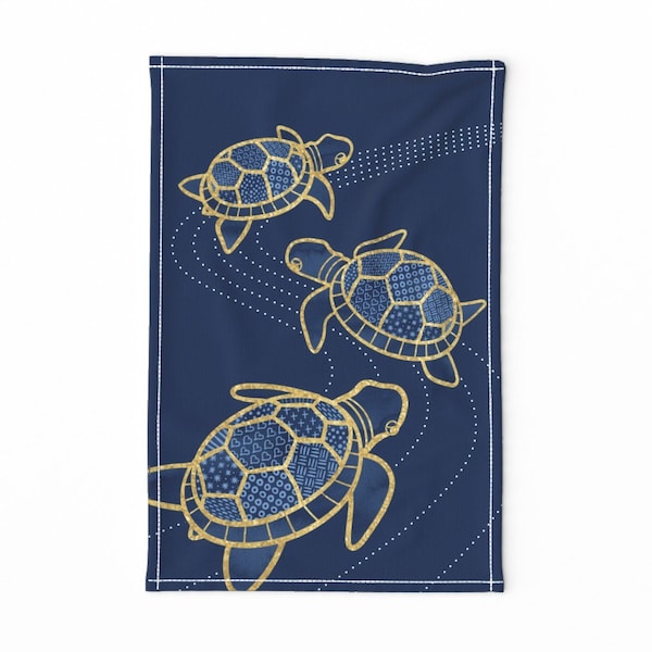 Sashiko Turtles Tea Towel - Three Turtles by marketa_stengl - Sea Turtles Indigo Blue Tenugui  Linen Cotton Canvas Tea Towel by Spoonflower