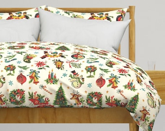 Vintage Christmas Bedding - Retro Christmas by red_raspberry_design - Deer Santa Cotton Sateen Duvet Cover OR Pillow Shams by Spoonflower