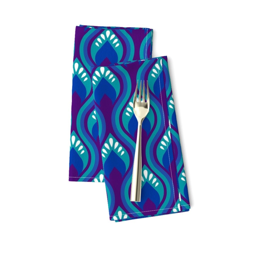 Jewel Tone Peacock Dinner Napkins Set of 2 Groovy Peacock by lellobird Blue Teal Retro Purple Turquoise Cloth Napkins by