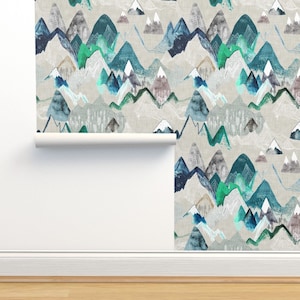 Teal Woodland Non-Pasted Wallpaper - Call Of The Mountains by nouveau_bohemian - Outdoors Adventure Wallpaper Double Roll by Spoonflower