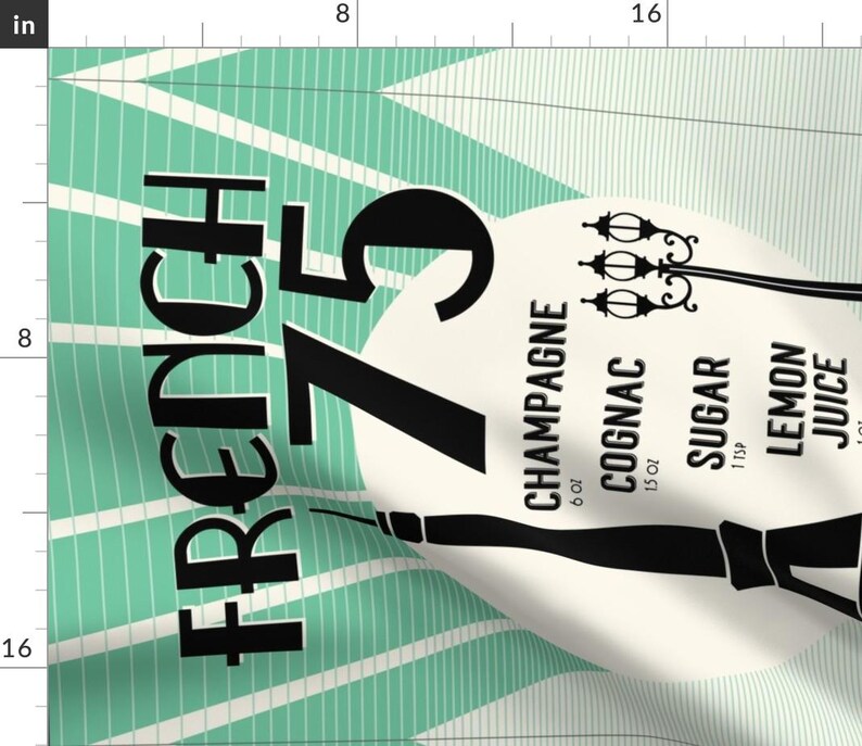 May include: Black and white graphic design with the text "FRENCH 75" on a teal and white striped background. The graphic also includes a list of ingredients for the cocktail, including champagne, cognac, sugar, lemon, and juice.