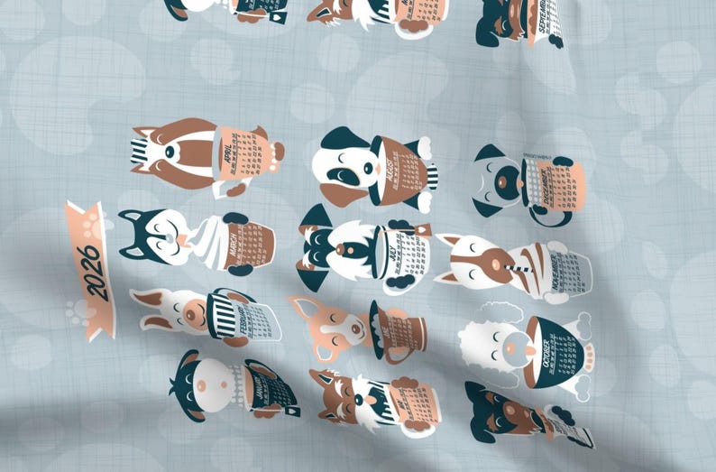 Asciugamano da cucina con calendario per cani 2026 - Ora del tè per cani e gatti 2026 di selmacardoso - Asciugamano da cucina in tela di cotone e lino con motivo a quarti di grasso per cani di Spoonflower immagine 3