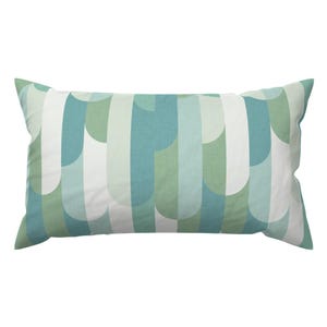 May include: A rectangular pillow with a geometric pattern in shades of green and blue. The pattern features curved lines and shapes.