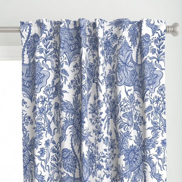Chintz Floral Curtain Panel - Dutch Ware by peacoquettedesigns - Blue White Vintage Traditional Custom Curtain Panel by Spoonflower