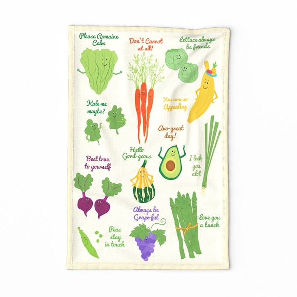 Cute Vegetables Tea Towel - Veggie Puns by tinastextiles - Food With Faces Colorful Garden  Linen Cotton Canvas Tea Towel by Spoonflower