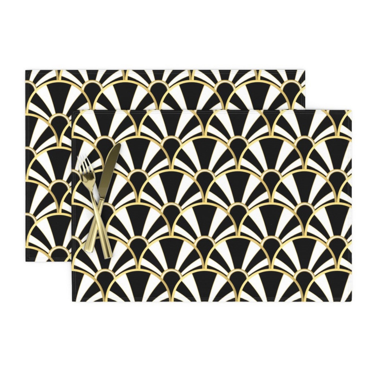 Art Deco Placemats Set of 2 Art Deco Fan In Black White Etsy