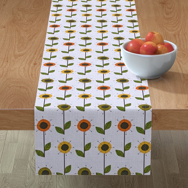 Grey Gray Olive Mod Cotton Sateen Table Runner by Spoonflower Orange Table Runner Mid Century Modern Flower Garden 2 by franbail