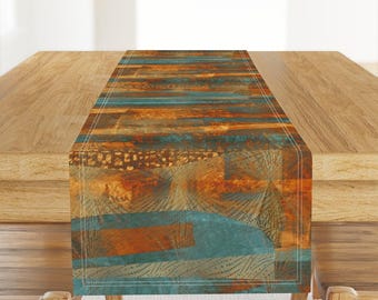 Color Blocking Table Runner - Landscape Abstract Turquoise Cotton Sateen Table Runner - Copper Teal Abstract by wren_leyland