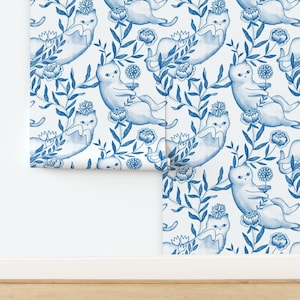 Blue Non-Pasted Wallpaper Flowers Leaves Animals Kitty Cat Belly Rub Spring Summer - Feline Fun by kostolom3000 Wallpaper by Spoonflower