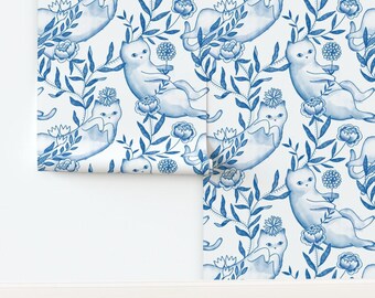 Blue Non-Pasted Wallpaper Flowers Leaves Animals Kitty Cat Belly Rub Spring Summer - Feline Fun by kostolom3000 Wallpaper by Spoonflower