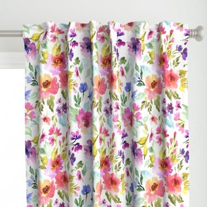 Spring Floral Curtain Panel - Colorful Flowers by peagreengirl - Watercolor Flowers Colorful Floral Custom Curtain Panel by Spoonflower