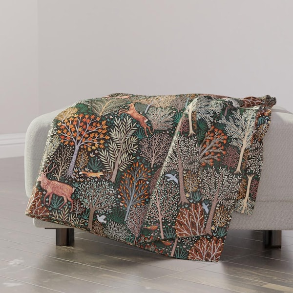 Woodland Throw Blanket - Rustic Autumn Thanksgiving Animals Leaves Pine Throw Blanket - Rustic Fall Forest by rebecca_reck_art