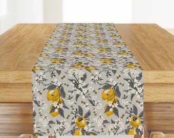 Summer Botanical Table Runner - Bees And Lemons Gray by fernlesliestudio - Citrus Kitchen Cotton Sateen Table Runner by Spoonflower