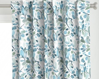 Watercolor Curtain Panel - Botanical Blue Green Brush Strokes Custom Curtain Panel - Blue Watercolor Leaves by sara_swanson_design -