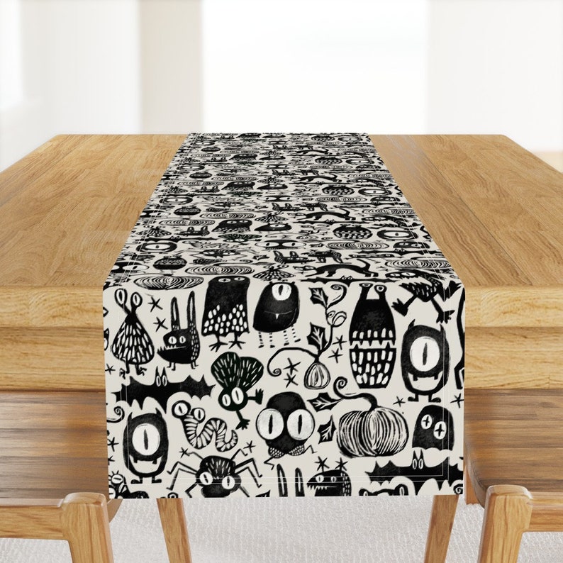 Black Table Runner Gothic Halloween Monsters by mint_tulips White Autumn Fall Monster Pumpkin Cotton Sateen Table Runner by Spoonflower image 1