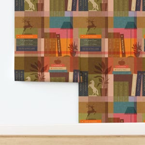 May include: Wallpaper with a repeating pattern of bookshelves, plants, and decorative elements. The design features books with titles like "Best in the Light" and "Leaf of Lessons," along with deer and horse silhouettes.