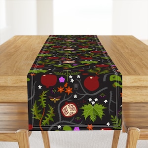 Peut inclure: Un chemin de table noir avec un motif répété de grenades, de fleurs, de feuilles et d'insectes. Le motif est dans des tons de rouge, vert, blanc, rose et orange.