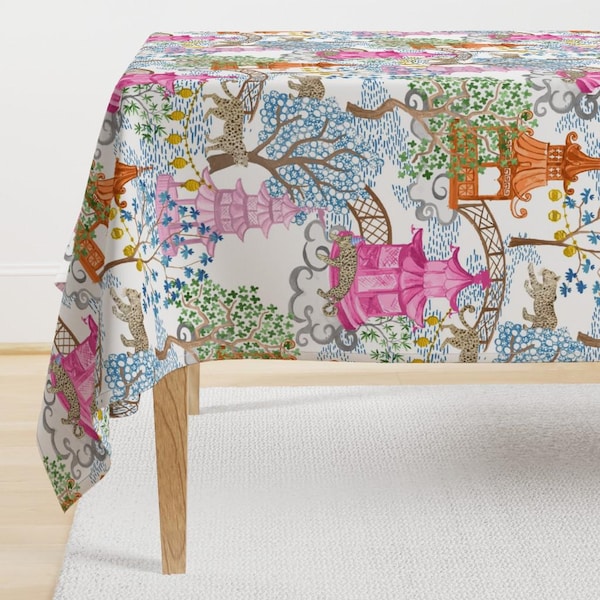 Chinoiserie Tablecloth - Pagoda Forest by danika_herrick - Pagoda Leopards Pink And Rust Cotton Sateen Tablecloth by Spoonflower