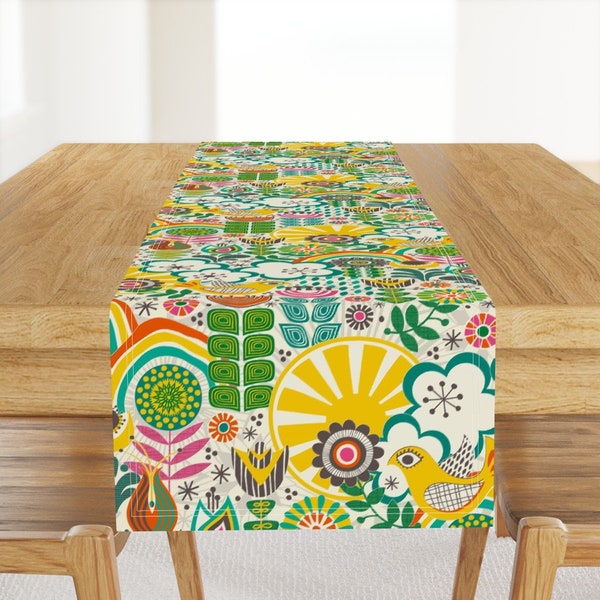 Retro Folk Art Table Runner - Basker Birds  by kaiparker - Bright Large Scale Maximalist Cotton Sateen Table Runner by Spoonflower