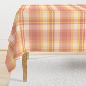 Preppy Tablecloth - Peachy Pink Plaid by tessab_studio - Retro Pink Peach Yellow Plaid Lines Modern Cotton Sateen Tablecloth by Spoonflower