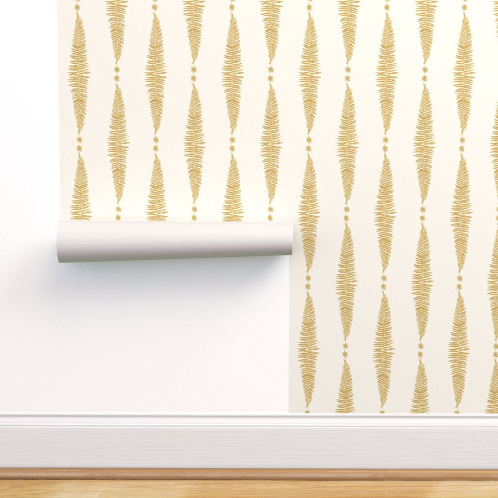 Gold Ferns Wallpaper Gold Fern Leaf on Cream Vertical Stripe Etsy