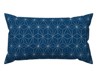 White Accent Pillow - Sashiko - Blue Vertigo by tarynosaurus - Blue Star Geometric Japanese Rectangle Lumbar Throw Pillow by Spoonflower