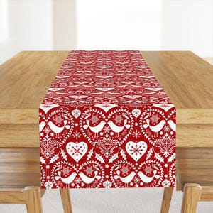 Scandinavian Christmas Table Runner – Birds, Hearts, Folk Art Cotton Sateen