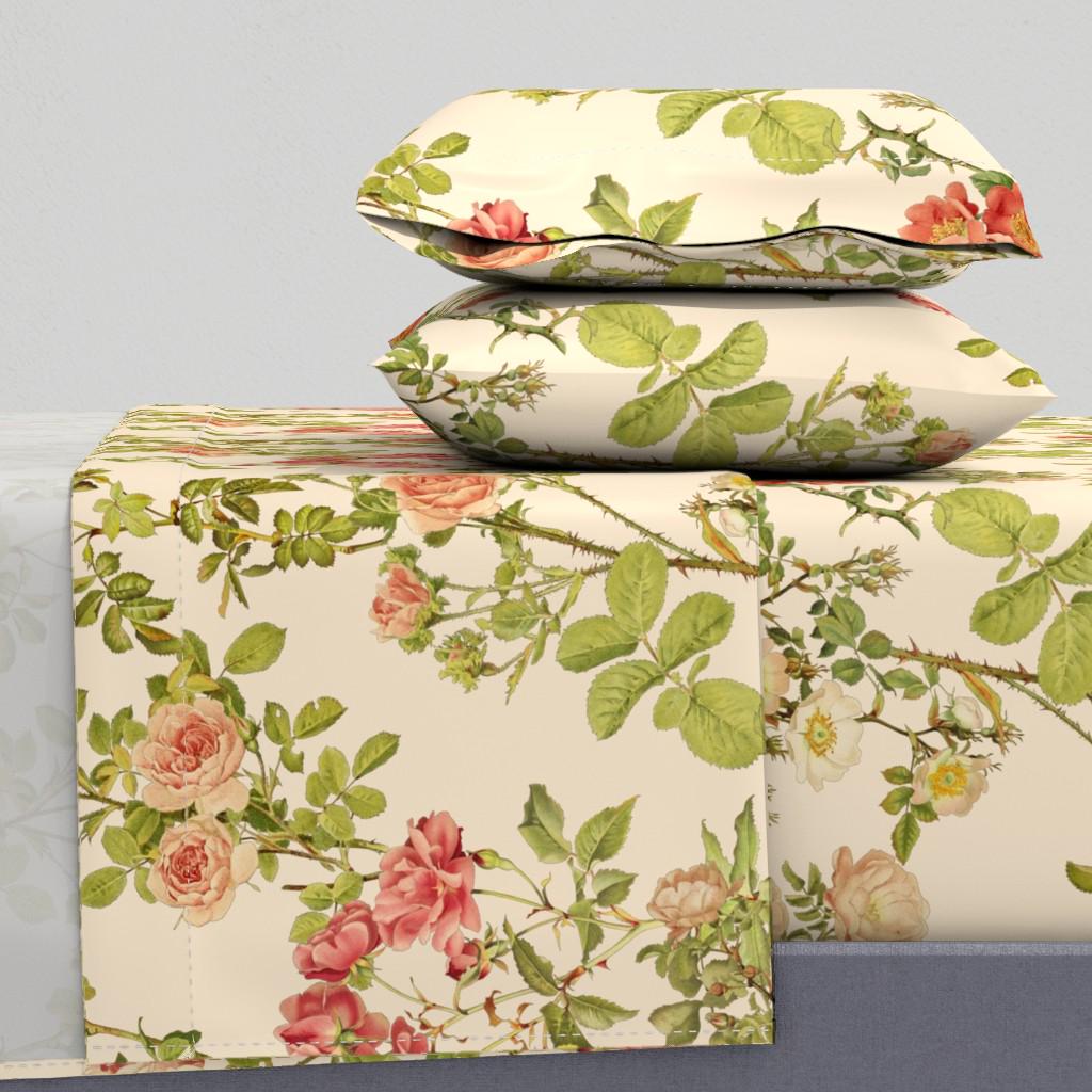 Flower Sheets - English Rose Alabaster by peacoquettedesigns - Vintage Cream Floral Rose Cotton Sateen Sheet Set Bedding by Spoonflower